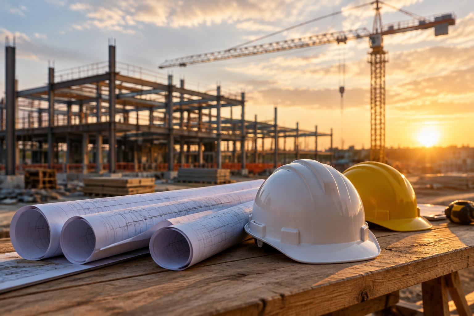 Construction drawings and hard hats on site at late afternoon