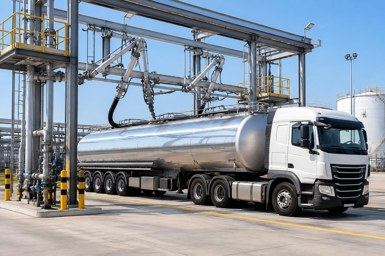 Fuel terminal with storage tanks and loading gantries