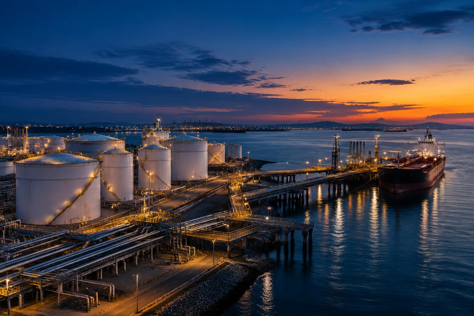 Energy storage terminal at dusk with storage tanks, pipework and a moored tanker