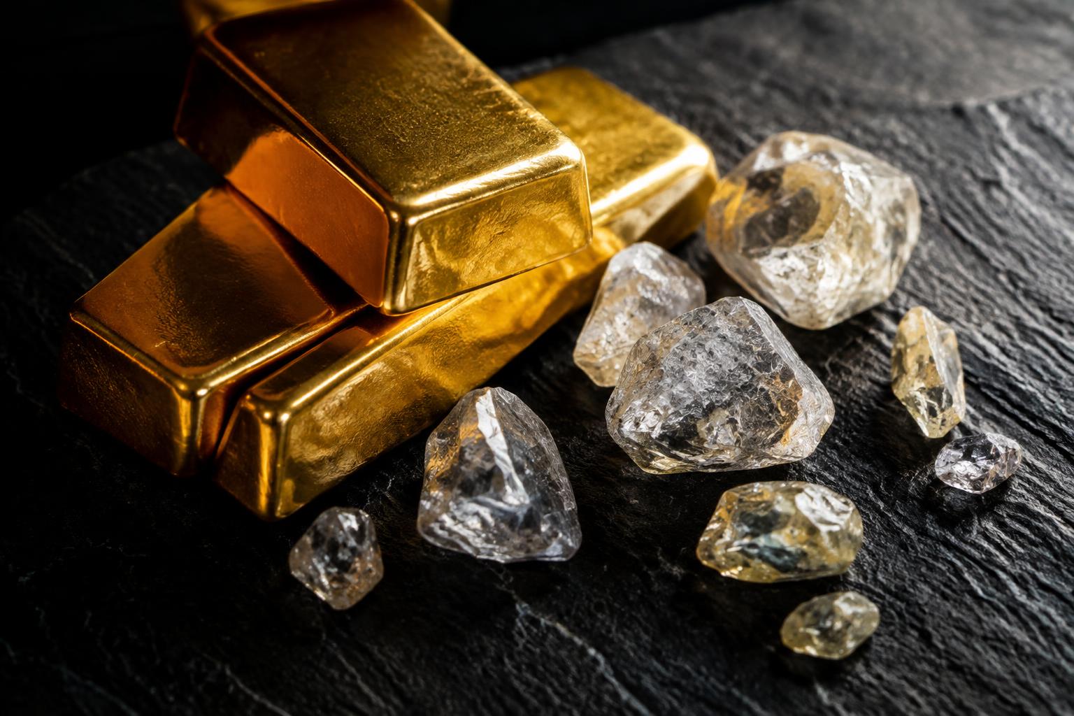 Gold bullion bars and rough uncut diamonds on dark slate