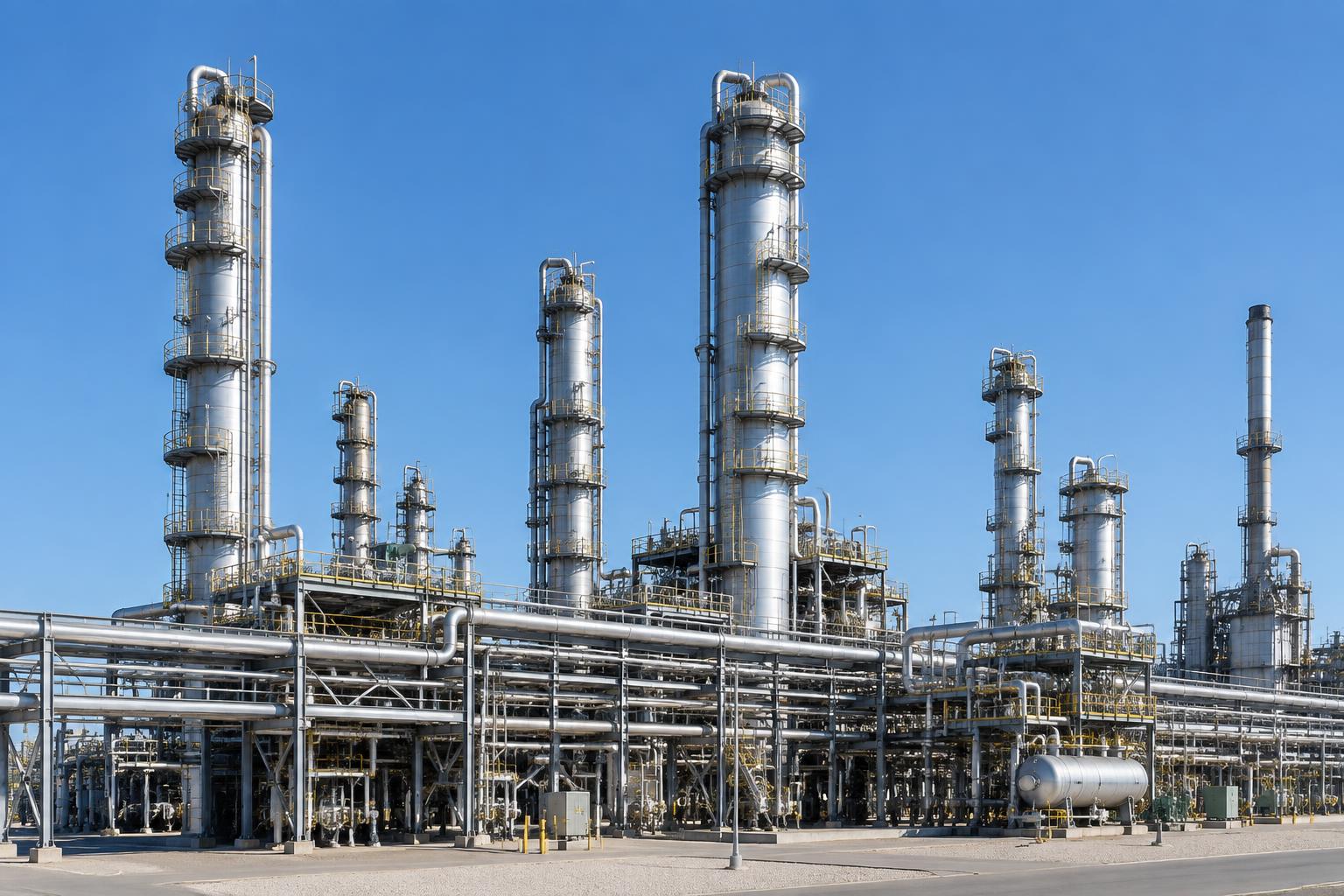 Refinery towers and pipe racks under a clear sky